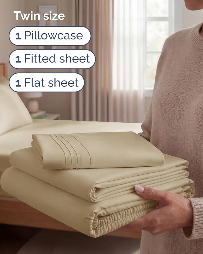 Twin Size 3 Piece Sheet Set - Comfy Breathable & Cooling Sheets - Hotel Luxury Bed Sheets for Women & Men - Deep Pockets, Easy-Fit, Extra Soft and Wrinkle Free Sheets - Beige Oeko-Tex Bed Sheet Set