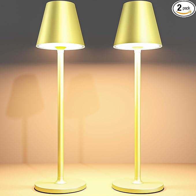 2-Pack Cordless Table Lamps - 5000mAh Rechargeable Battery Operated Desk Lamp, 3-Level Dimmable LED Night Light for Bedroom, Dining, Restaurant - Metal Design (Champagne Gold 2Pack)