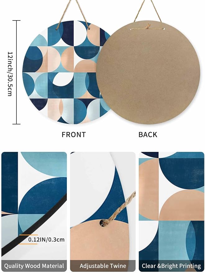 Welcome Sign for Front Door Mid Century Geometric Wood Door Hanger for Outdoor Outside Porch,12 Inch Round Wooden Wreath Indoor Wall Hanging Decoration, Abstract Modern Blue