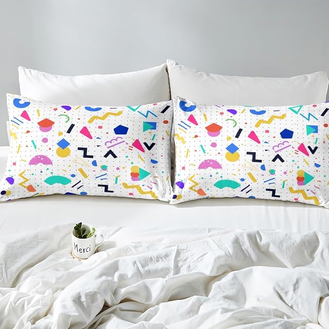 80s 90s Bedding Set Memphis Pattern Old Fashioned Comforter Cover King,Geometric Abstract Colorful Dots Funky Duvet Cover Retro Bed Set,Multicolor Cute Vintage Rainbow 80'S Style 1980S Home Decor