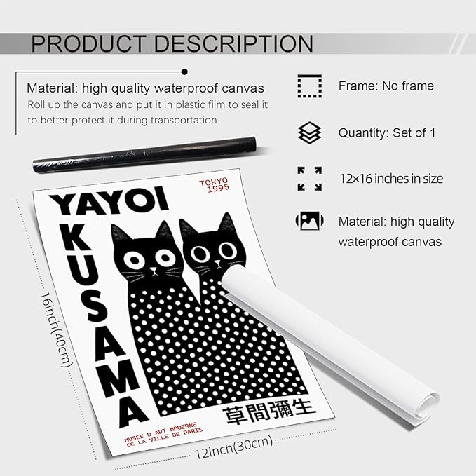 EOLRCIG Black and White Cute Abstract Cat Wall Art Japanese Yayoi Kusama Canvas Poster Modern Fashion Minimalist Painting for Living Room Wall Decor 12X16 inch Unframed Cat Lover Gifts