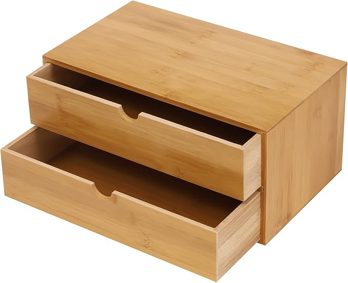 Bamboo Desk Organizer Small Retro Bamboo Tabletop Storage Box with Drawers& Recess Handles for Office Home Supplies Table Storage Collector 13 * 7.5 * 6in (2 Drawers)