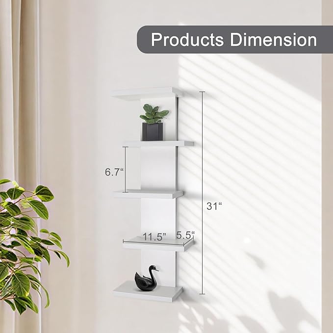 VIWODS 5 Tier Wall Shelf Unit-White Floating Shelves for Home Decor, Modern Unique Asymmetric Design for Bedroom & Living Room Storage