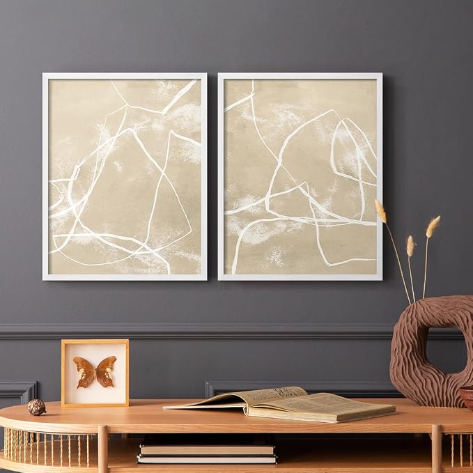 Renditions Gallery Set of 2 Peel & Stick Framed Prints, Neutral Abstract Wall Art, Beige Line Art Pattern Wall Decor, Re-Stickable - Ready to Hang - 16"x20" - White Frame LT588