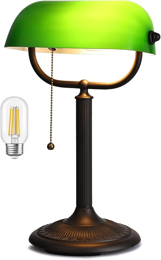 1-Minute Quick-Change Shade Antique Green Glass Bankers Desk Lamp for Study, Office, Library,LED Bulb Included