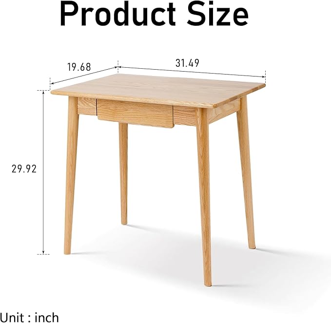 100% Solid Oak Wood Home Office Desk, Writing Computer Desk with Drawer Mid Century Modern Desk for Home Office Sturdy Writing 31.49" W