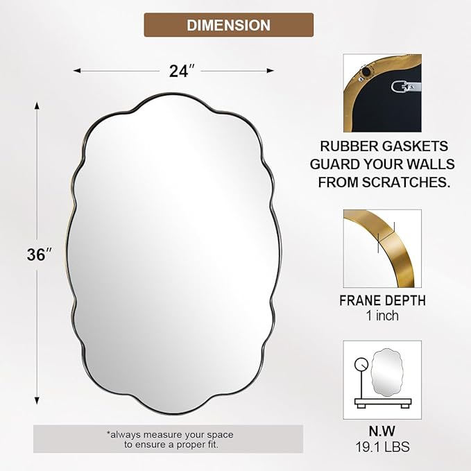 ANDY STAR Brushed Gold Oval Bathroom Mirror, 24x36 Inch Wavy Scalloped Wall Mirror, Anti-Rust Brass Metal Mirror for Bathroom Hang Vertical or Horizontal
