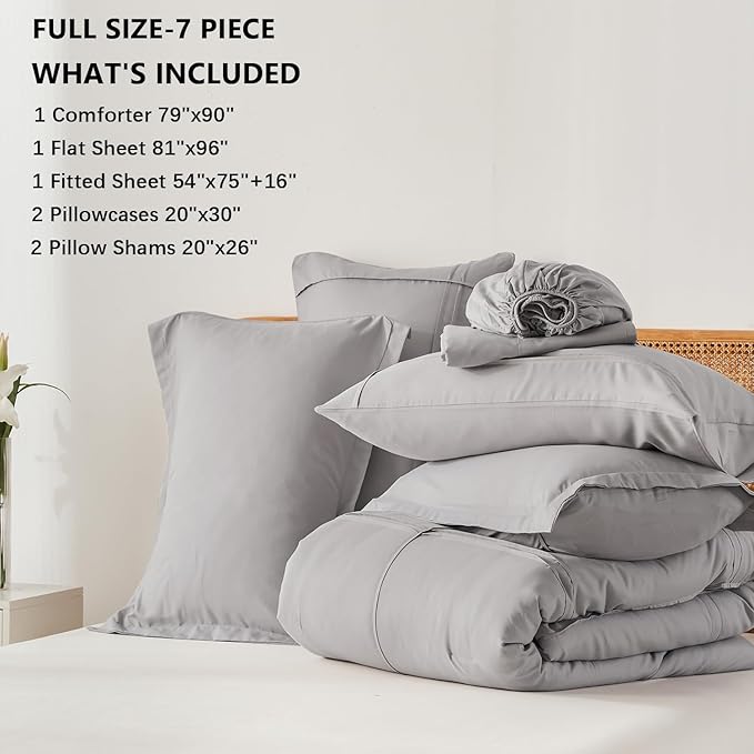 Yogeneg Full Size Comforter Set 7 Piece Bed in a Bag,Grid Pinch Pleat Grey Bedding Set,Striped Textured Soft Microfiber Comforter with Sheet Set,All Season Complete Bed Set(Grey,Full)