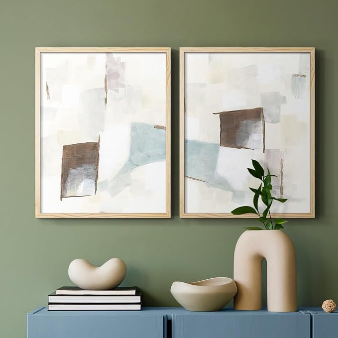 Renditions Gallery Set of 2 Peel & Stick Framed Prints, Abstract Wall Art, Minimalist Color Block Brush Strokes Wall Decor, Re-Stickable - Ready to Hang - 22"x28" - NATURAL WOOD Frame LT588