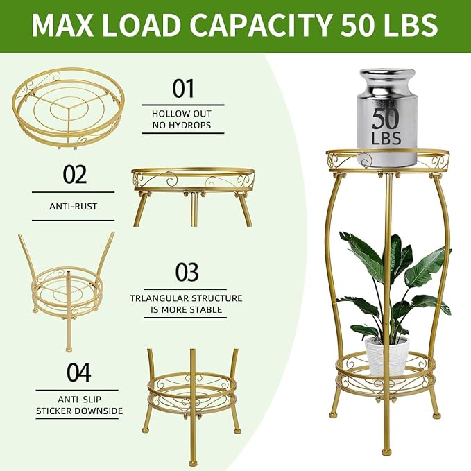 LOYAL TIGER Plant Stand Indoor Outdoor 2 Tier 27'' Tall Metal Potted Rack Flower Pot Stand Heavy Duty Rustproof Iron Multiple Plant Supports for Garden Balcony Patio (Golden)