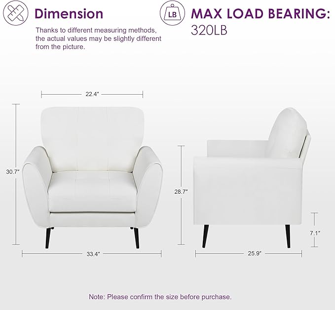TYBOATLE Accent Chair Comfy Modern Living Room Chair White Leather Reading Accent Chairs Tufted Mid Century Moden Arm Chair Small Salon Chair for Office Bedroom (1, White)