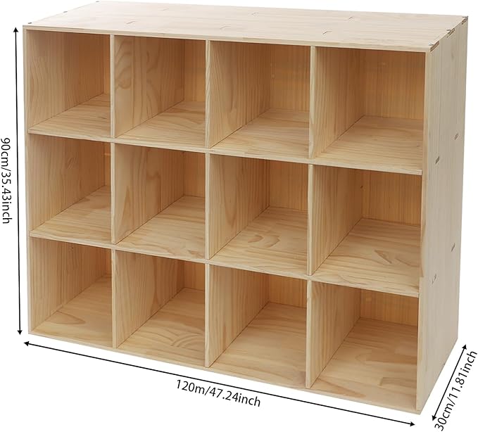 12-Cube Storage Organizer Solid Wood Cube Shelf with Deep Compartments, 220 lbs Capacity Wooden Cubby Bookcase for Living Room, Office, Dorm (12 Cube)