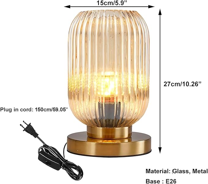 Bedside Table Lamp Mid Century Glass Table Lamps Modern Globe Table lamp Gold Desk lamp nightstand lamp with Amber Pumpkin Design with Ribbed Glass Shade for Bedroom Living Room Office