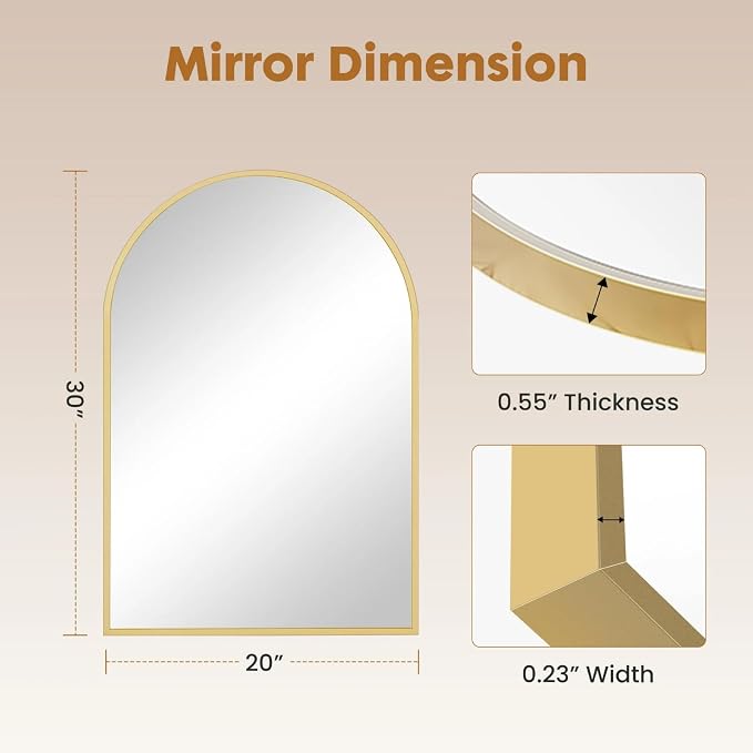 Arched Wall Mirror 30x20 Inch Gold Bathroom Vanity Mirror with Metal Frame, Modern Arch Mirror for Bedroom, Living Room, Entryway, Wall Mounted Decorative Mirror