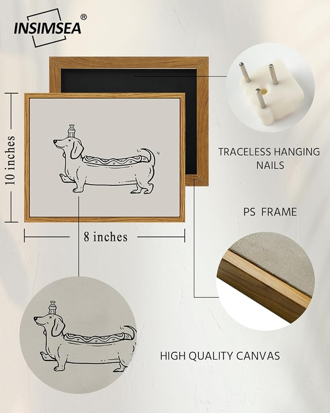 InSimSea Vintage Framed Wall Art Linear Dachshund Puppy Canvas Prints, Amusing Home Decor, Humorous Painting Picture, Kitchen Wall Decor Gifts for Friends or Family - 10L x 8W