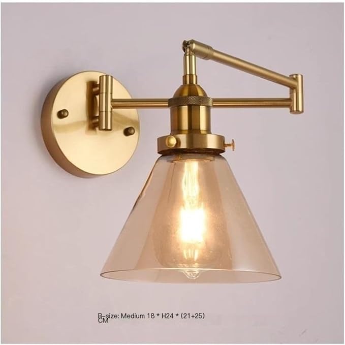 Folding Wall Lamp Retro Rocker Arm Wall Lamp Bedroom Bedside Lamp Iron + Glass Art Living Room Study Reading Wall Sconce Swing Arm Adjustable Vintage Wall Mount Light Sconce (Color : B)