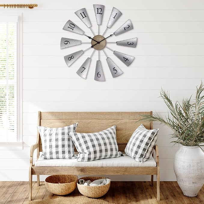 Presentime & Co. 24" Lorenzo Farmhouse DIY Windmill Clock, Indoor/Outdoor Clock, Silent no Ticking, Wall Décor, Wall Art and Timepiece for Home Decoration, Galvanized and Light Gray Oak Finish