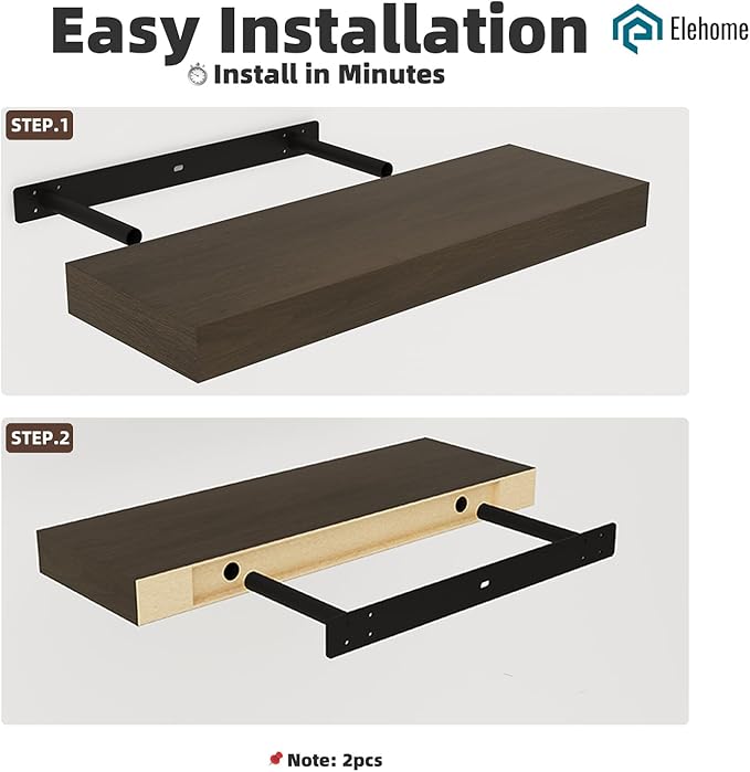 Floating Shelves Board for Wall with Brackets – 24" L x 8" W x 2" T Rich Walnut Melamine Wood Floating Shelves for Bathroom, Kitchen & Living Room Set of 2– DIY & Replacement