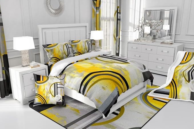 Erosebridal Modern Yellow Black Grey Duvet Cover Full,Watercolor Oil Painting Comforter Cover,Circles Bedding Set,Contemporary Artwork Texture Bedroom Decor Bedspread Cover 3Pcs with 2 Pillow Cases