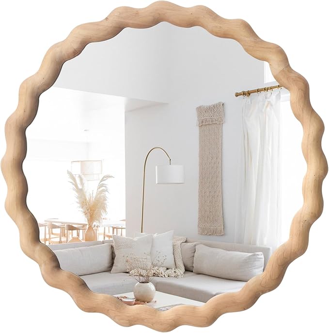 Irregular Wall Mirror,Wood Round Farmhouse Mirror Unique Vanity Mirror,32" Nature Wooden Modern Bathroom Mirror for Washroom Living Room Bedroom