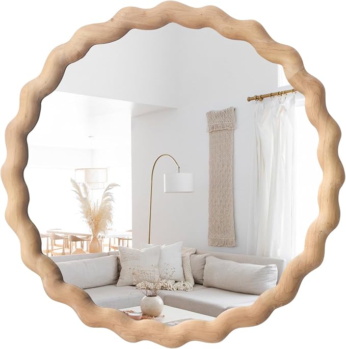 Irregular Wall Mirror,Wood Round Farmhouse Mirror Unique Vanity Mirror,36" Nature Wooden Modern Bathroom Mirror for Washroom Living Room Bedroom
