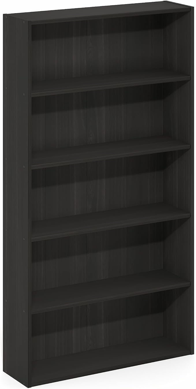 Furinno Basic Book Shelf, 5-Tier Bookshelf, Storage Organizer Bookcase with Open Shelf, 7 x 24 x 44, for Living Room, Bedroom, Home Office, Espresso
