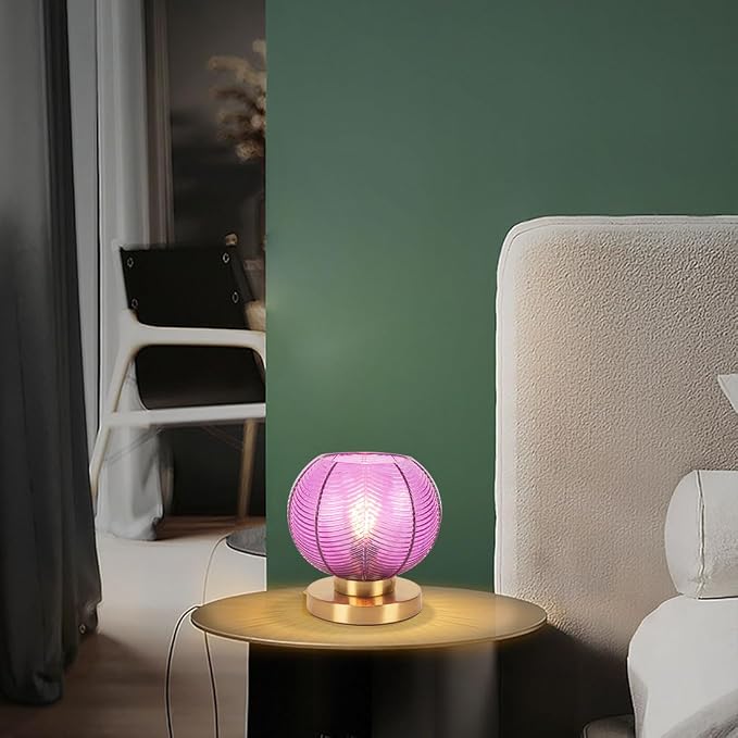 Gold Mid Century Modern Table Lamp with Purple Ribbed Glass Shade - Globe Desk Nightstand Lamp for Bedroom, Living Room, Office