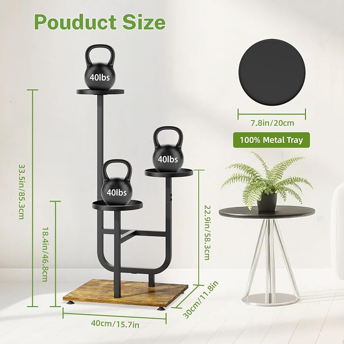 iDavosic.ly 3 Tier Plant Stand Indoor, Corner Tiered Multiple Flower Holder Shelf with Metal Trays, Orchid Display Wooden Rack for Patio Porch Living Room Balcony Outdoor, Modern Black & Rustic Brown