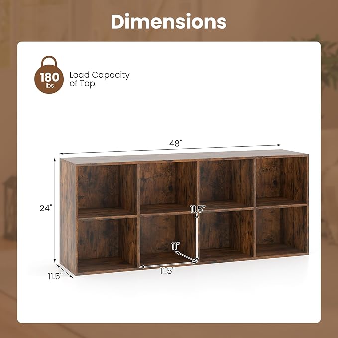 DREAMADE 8 Cube Storage Organizer, 2 Tier Multipurpose Display Shelf w/Open Storage & 2 Anti-Tipping Kits, 8-Cube Wooden Bookcase for Living Room, Bedroom, Study, Home, Office (Brown)