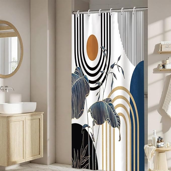 Mid Century Boho Shower Curtain for Bathroom Modern Abstract Minimalist Bathroom Decor Set Blue Gold Leaf Sun Arch Bathtub Curtains Machine Washable Waterproof Polyester Fabric with Hooks 48x72 Inch