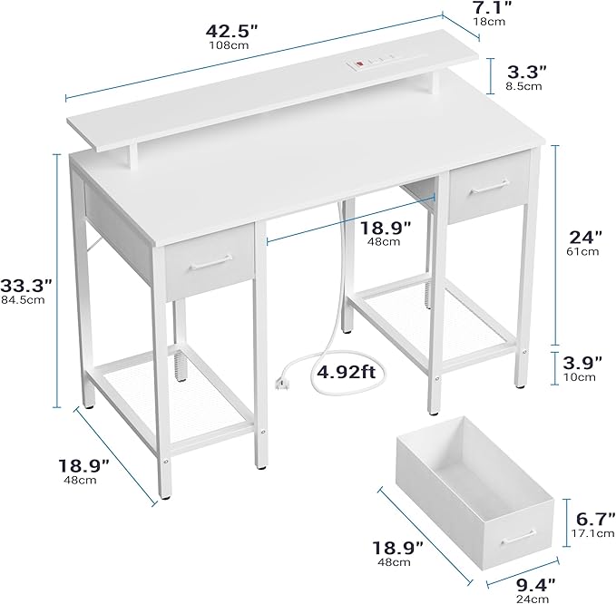 Furnify White Computer Desk with Drawers, 42 Inch Home Office Desk Study Writing Table, Gaming Desk with USB Power Outlets, Office Desk with Fabric Drawer, Work Table with Shelf for Bedroom, White