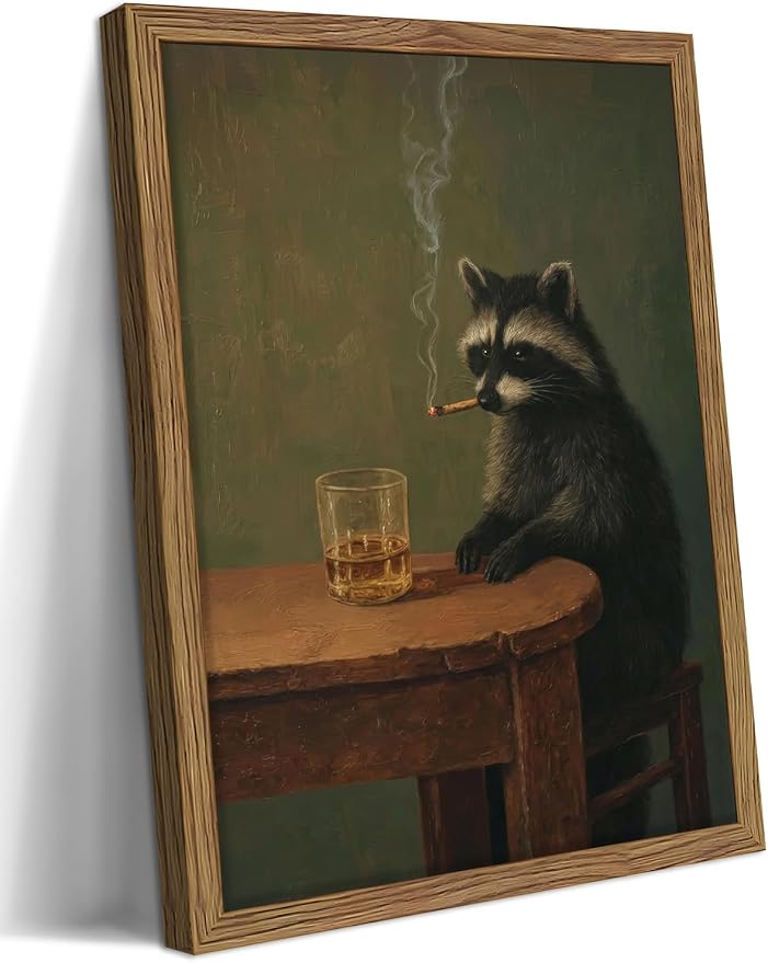 Framed Vintage Raccoon Wall Art, Moody Raccoon Canvas Prints, Funny Dark Academia Animal Poster, Classic Oil Painting Style Artwork, Whimsical Wall Decor for Living Room Bedroom Office 16x24in