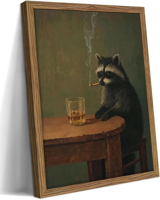 Framed Vintage Raccoon Wall Art, Moody Raccoon Canvas Prints, Funny Dark Academia Animal Poster, Classic Oil Painting Style Artwork, Whimsical Wall Decor for Living Room Bedroom Office 16x24in