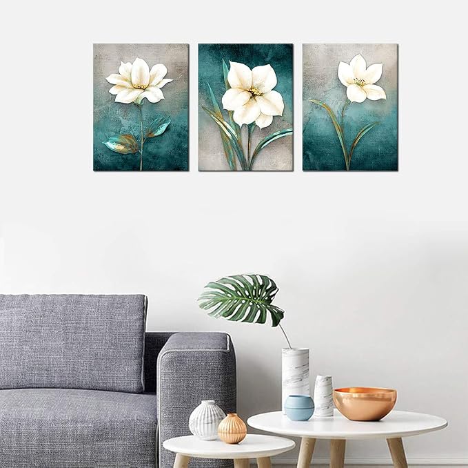 Flower Canvas Wall Art Cream White Floral Wall Decor Turquoise Tealish Grey Background Canvas Picture Modern Rustic Artwork Bathroom Bedroom Living Room Home Office Decoration 12" x 16" x 3 Pieces