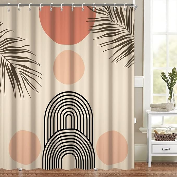 Pink Boho Shower Curtain for Bathroom Modern Abstract Minimalist Bathroom Decor Mid Century Arch Sun Leaf Aesthetic Bathtub Curtains Machine Washable Waterproof Polyester Fabric with Hooks 65x72 Inch