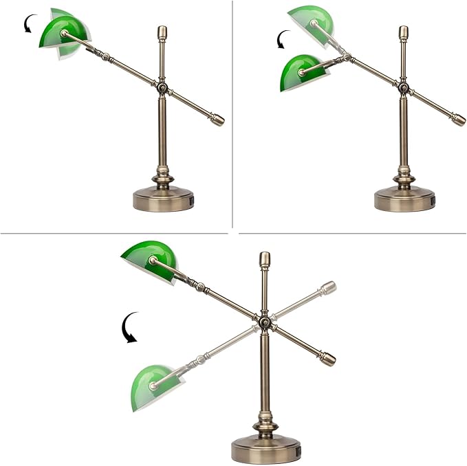 FIRVRE Green Bankers Desk Lamp, Dimmable Retro LED Desk Lamp with Charging Function, Touch Adjustable Dimming E26 Lamp, Retro Style Reading Light for Study, Home Office, Living Room(1Bulb Included)