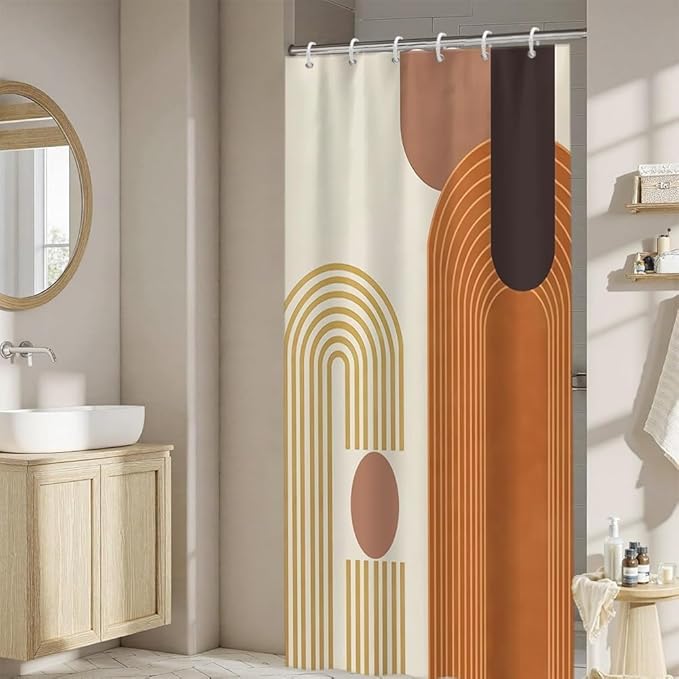 Modern Bohemia Shower Curtain for Bathroom Orange Abstract Minimalist Bathroom Set Decor Stripes Arch Sun Chic Aesthetic Washable Waterproof Polyester Fabric with Hooks 48x72 Inch