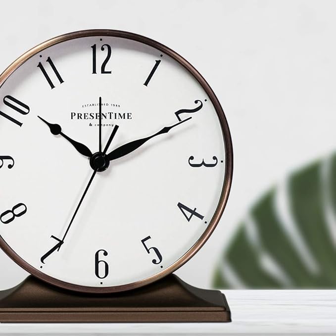 Presentime & Co Lewis Mantel Alarm Clock, Desk and Shelf Clock, Tabletop Decoration, 5.5 x 5 inch, Silent no Ticking, Metal Base, Bronze Finish, Arabic Numeral