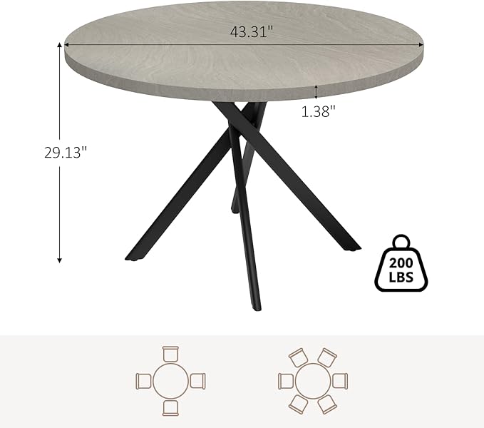 44" Round Dining Table for 4, Modern Mid-Century Dining Kitchen Table of 4, Cozy Dinette Round Table with Metal Leg for Kitchen Dining Room Apartment, Gray