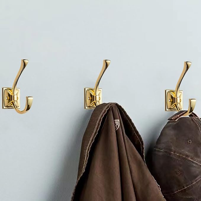 10 Pack Decorative Heavy Duty Towel Hooks for Hanging Robe Double Polished Brass Coat Hooks Wall Mounted with Screws for Key, Towel, Bags, Cup, Hat