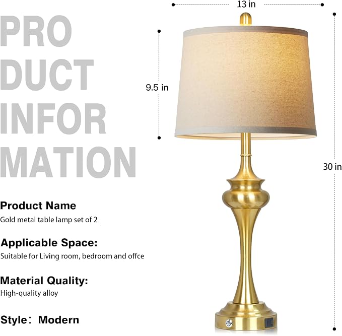 Rinweey 30 Inch Single Table Lamp for Bedside, 3-Way Touch Control Bedroom Table Lamp with USB A+C Ports, Tall Living Room Lamps for End Table, Modern Brass Lamps for Nightstand Desk Office, Gold