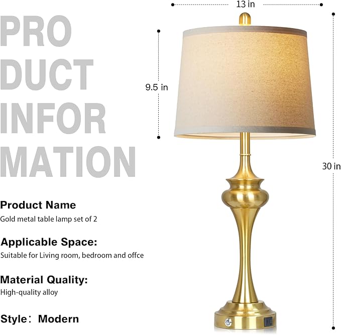 Rinweey 30" Gold Tall Table Lamps for Living Room, Touch Control Modern Bedroom Table Lamp with USB A+C Ports, 3-Way Bedside Lamps Set of 2, Elegant Metal Lamp for Night Stand Desk Side Table Office