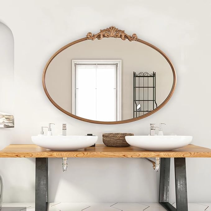 Gold Oval Mirror for Wall,Baroque Fireplace Decor,Brass Wall Mirror,Victorian Vintage with Full Matel Frame,Ornate Entryway/Bathroom/Living Room/Hallway 36''X24'' (XD-004ZM)