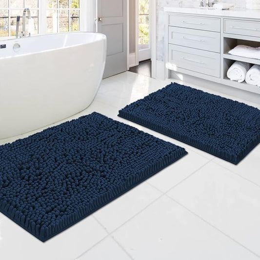 H.VERSAILTEX Bath Mats - Non Slip Luxury Chenille Bathroom Rugs, Extra Soft Absorbent Shaggy, Washable Fast Dry 2 Piece (Navy, 20" x 32"/17" x 24")