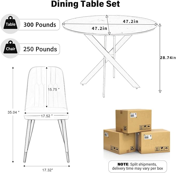 RGZ Mid Century White Round Dining Table Set for 6, 47" Large Wooden Circle Kitchen Table & 6 Black PU Leather Kitchen Chairs, Dinner Table Set for Home, Apartment, Dining Room