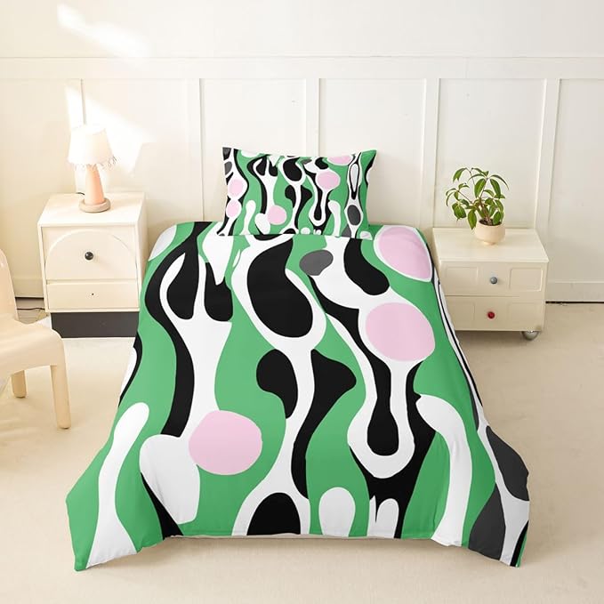 Erosebridal Mid Century Modern Abstract Duvet Cover Set Vintage Geometric Girl Toddler Bedding Set for Toddler Boys Contemporary Organic Shapes Comforter Cover Squiggle Blob Bed Sets,Green Pink