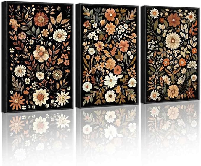 KUVIOKE Orange Vintage Flower Framed Wall Art Boho Floral Wall Decor Retro Wildflower Modern Art Prints for Living Room Bedroom 12x16in (Black Framed)