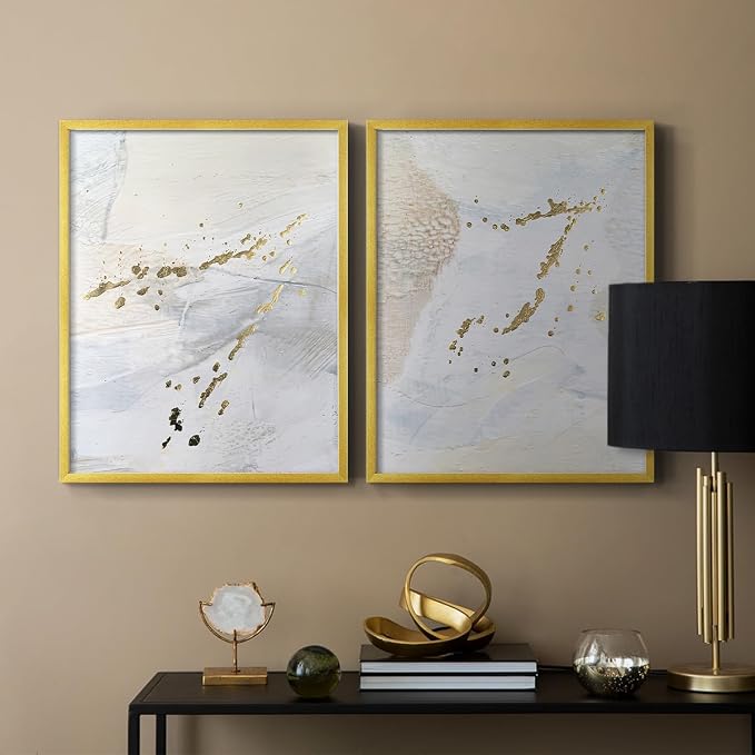 Renditions Gallery Set of 2 Peel & Stick Framed Prints, Modern Abstract Wall Art, Gold Sprinkle Oil Painting Wall Decor, Re-Stickable - Ready to Hang - 8"x10" - GOLD Frame LT588