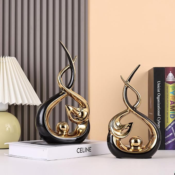 QIANLING Home Decor Modern Abstract Art Ceramic Statue - Black and Gld Ceramic Sculpture, Dining Table Centerpiece Decor, Decoration for Home Decor Living Room Entryway Table Bookshelf Mantle Shelf