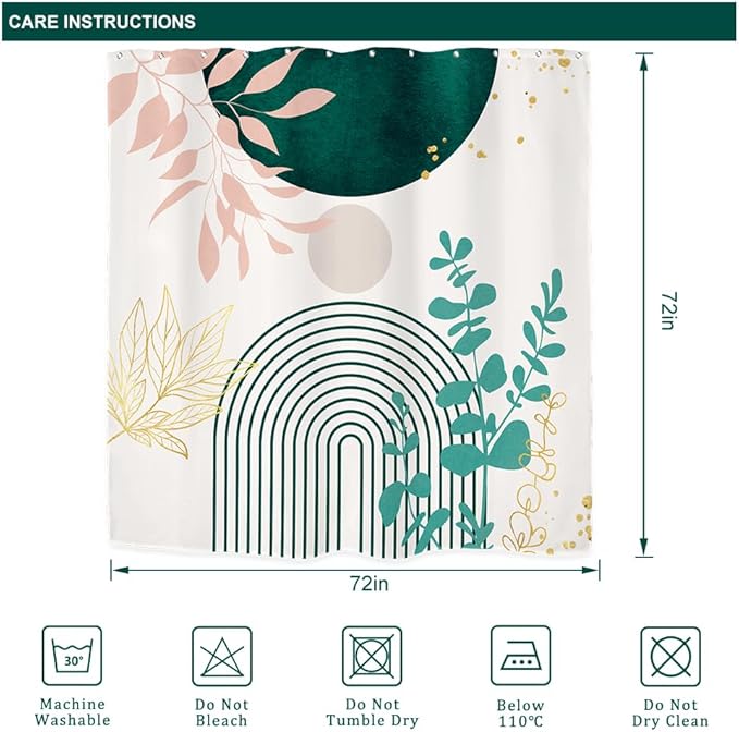 Riyidecor Sage Green Pink Boho Shower Curtain for Bathroom Decor 72Wx72H Mid Century Modern Leaves Contemporary Bohemian Arch Art Printed Fabric Polyester Waterproof 12 Pack Plastic Hook